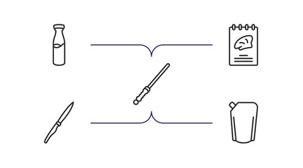kitchen outline icons set. thin line icons such as milk, recipe book, knife sharpener, steak knife, ketchup vector.