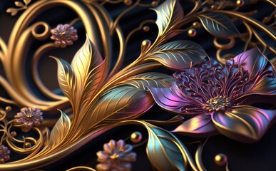 Ornate pattern and abstract flowers and vines, gold and iridescent