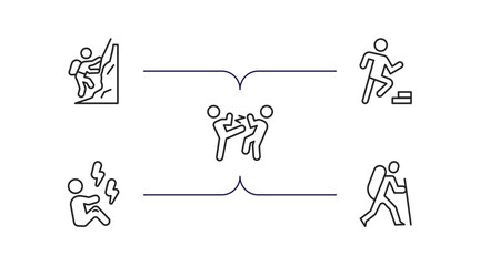 humans outline icons set. thin line icons such as mountain climb, smortsmen, fighting, pain, man in hike vector.