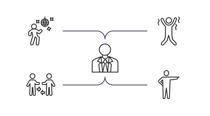 humans outline icons set. thin line icons such as man dancing, happy man, businessman with tie, people trading, man pointing vector.