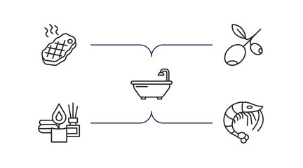 hotel outline icons set. thin line icons such as steak, olives, bathtub, spa, shrimp vector.