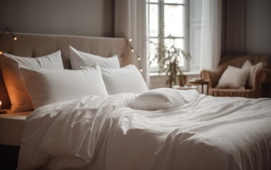 White bed sheets and pillows and white  wall