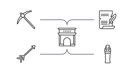 history outline icons set. thin line icons such as pick, poster, arc, arrow, mummy vector.