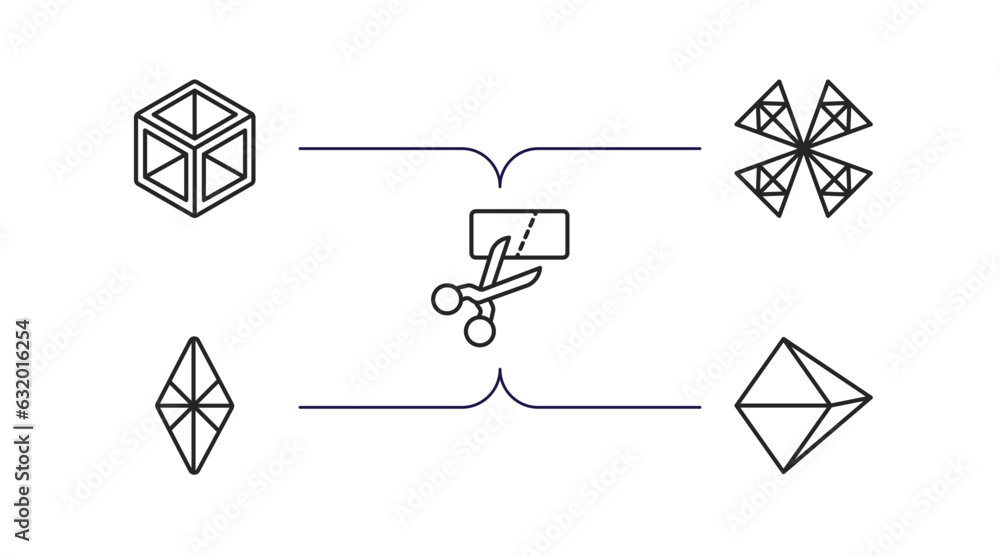 Poster geometry outline icons set. thin line icons such as 3d cube, polygonal windmill, cut, polygonal rhom