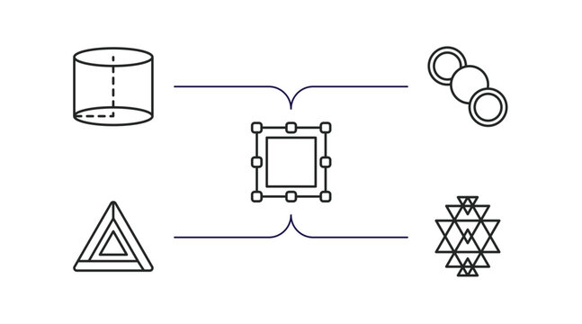 geometric figure outline icons set. thin line icons such as cylinder, row, bounding box, triangle, sri yantra vector.