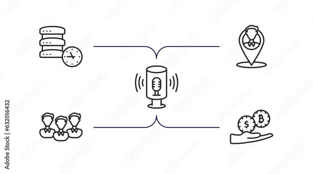 Poster general outline icons set. thin line icons such as real time data, placement, smart assistant, proje