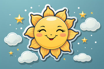 Weather themed sticker with sun on white background