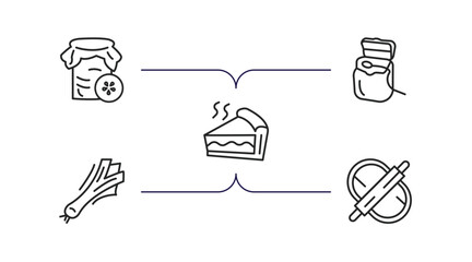 gastronomy outline icons set. thin line icons such as pickle, floss, pie, leek, dough vector.