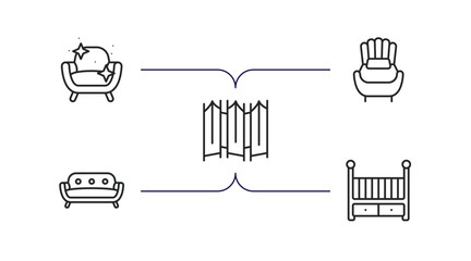 furniture and household outline icons set. thin line icons such as cleaned, single, folding screen, comfortable, baby cot vector.