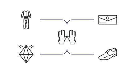 fashion outline icons set. thin line icons such as men tracksuit, purses, pair of gloves, jewel, men shoe vector.