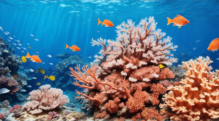 Naklejka na ściany i meble Multi ed fish swarm soft coral in tropical reef by Generative AI