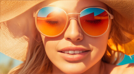 Realistic photo of a woman use sun glasses on a summer by Generative AI