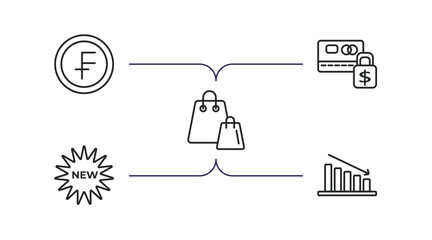 e commerce and payment outline icons set. thin line icons such as swiss franc, payment security, merchandise, new, decrease vector.