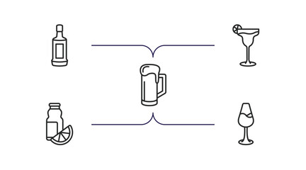 drinks outline icons set. thin line icons such as grain, margarita, beer mug, juice bottle, wine toast vector.