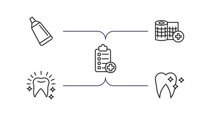 dentist outline icons set. thin line icons such as toothpaste tube, gauze, medical list, white teeth, clean tooth vector.