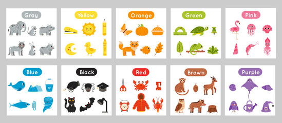 Collection of flashcards for learning colors for children.
