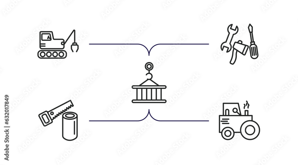 Poster construction outline icons set. thin line icons such as derrick with tong, three tools, derrick with