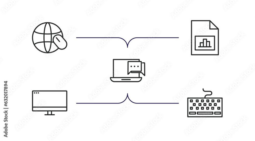 Poster computer outline icons set. thin line icons such as surfing the net, data analyser, online chat, com