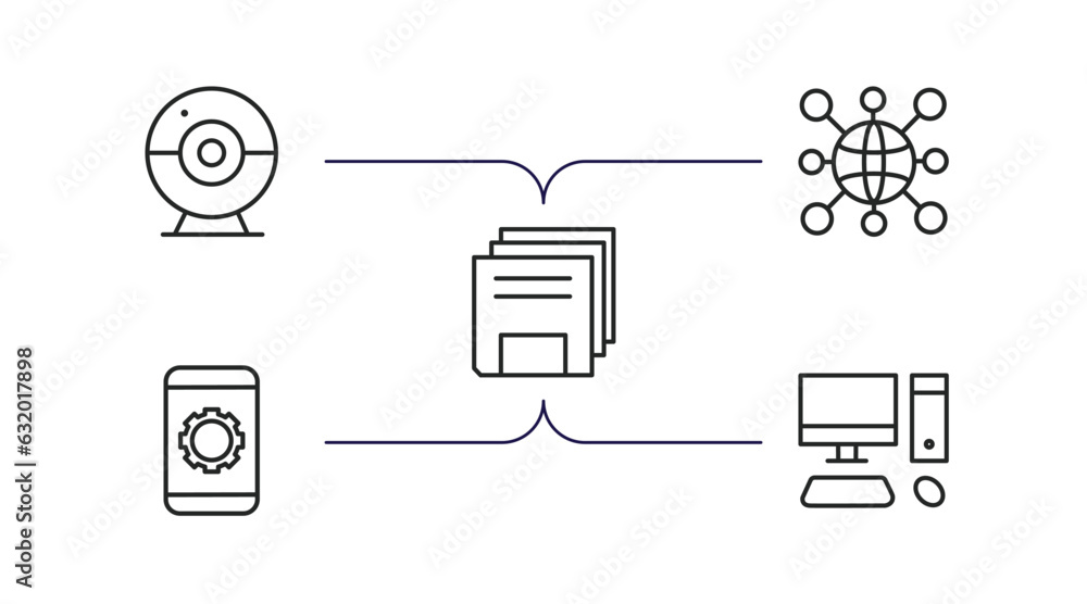 Poster computer outline icons set. thin line icons such as round webcam, information network, save file, ta
