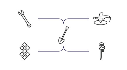 construction tools outline icons set. thin line icons such as garage wrench, polishers, spade tool, tiles, stillson wrench vector.