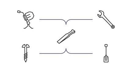 construction tools outline icons set. thin line icons such as cement mixers, repair wrench, wedge tool, screw, working shovel vector.