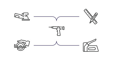 construction and tools outline icons set. thin line icons such as sanding hine, pencil and ruler, sealant gun, chop saw, staple gun vector.
