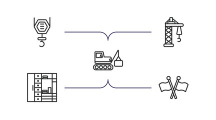 construction outline icons set. thin line icons such as pulley hook, derrick facing right, derrick with box, big clo, vector.