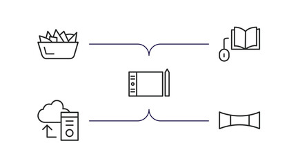 computer outline icons set. thin line icons such as chips, book and computer mouse, tablet tool, pc storage, 3d screen vector.