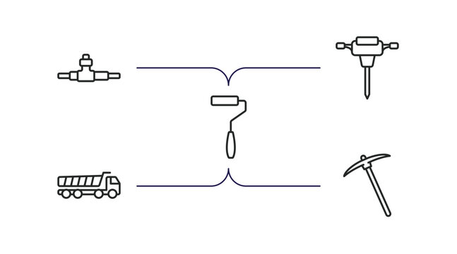 construction tools outline icons set. thin line icons such as plumbing pipes, jackhammer, paint roller, dumper, pick axe vector.