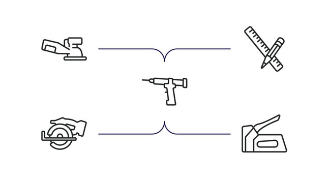 construction and tools outline icons set. thin line icons such as sanding hine, pencil and ruler, sealant gun, chop saw, staple gun vector.