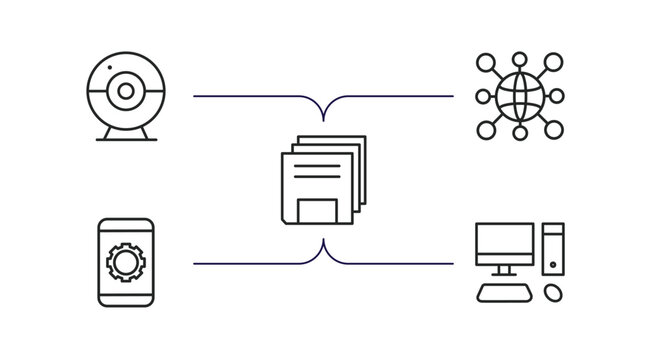 computer outline icons set. thin line icons such as round webcam, information network, save file, tablet data tings, pc with monitor vector.