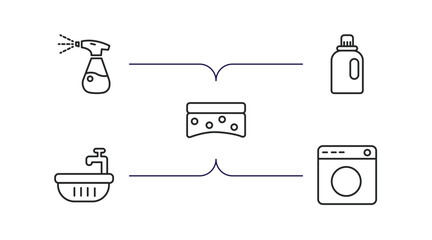 cleaning outline icons set. thin line icons such as cleaning spray, softener, scouring pads, water soak, laundry vector.