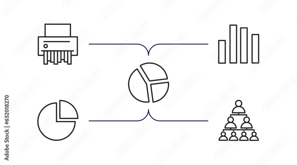 Poster business and analytics outline icons set. thin line icons such as shredder, bar stats, circular char