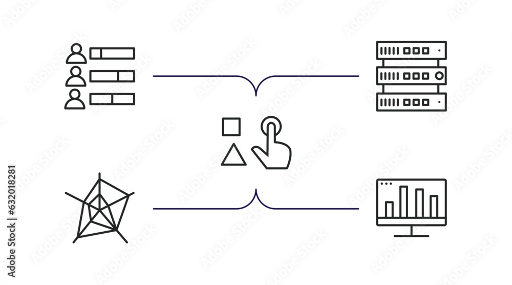 Poster business and analytics outline icons set. thin line icons such as user stats, database interconnecte