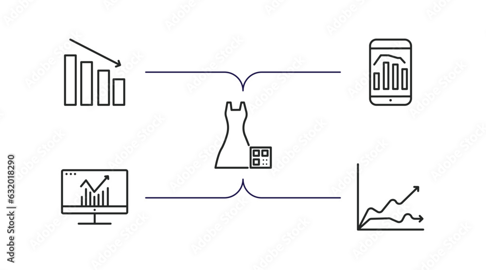 Poster business and analytics outline icons set. thin line icons such as depleting chart, mobile stock data