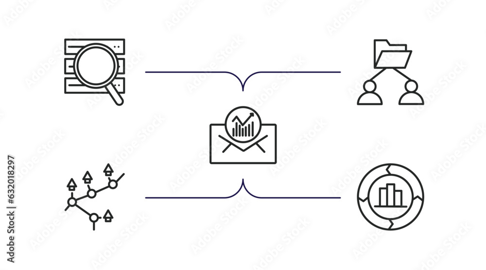 Poster business and analytics outline icons set. thin line icons such as stock data analysis, users interco