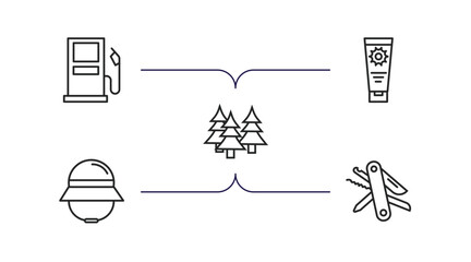 camping outline icons set. thin line icons such as gasoline, sun lotion, forest, explorer hat, swiss knife vector.