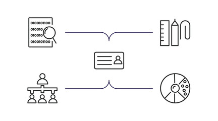 business and analytics outline icons set. thin line icons such as binary data search, supplies, business card, department head, round value chart vector.