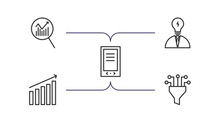 business and analytics outline icons set. thin line icons such as data analytics, business skills, gadget, increasing stocks, funneling data vector.