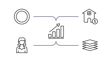 business outline icons set. thin line icons such as full circle, mortgage loan, statistical chart, businesswomen, stack vector.