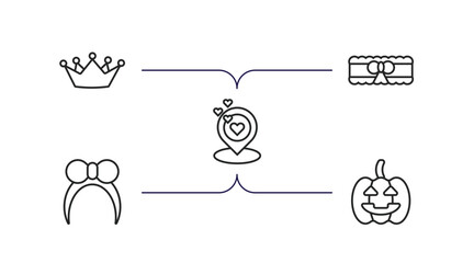 birthday and party outline icons set. thin line icons such as wedding crown, garter, wedding location, headband, halloween vector.