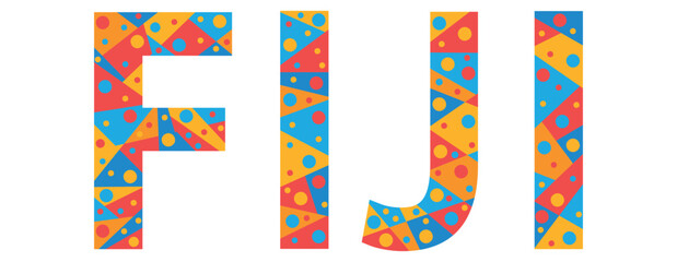 FIJI. Mosaic isolated text. Letters from pieces of triangles, polygons and bubbles. Country name FIJI for print, clothing, t-shirt, poster, banner, flyer.