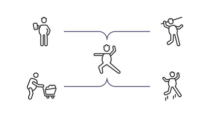 behavior outline icons set. thin line icons such as man with mobile phone, man throwing javelin, man warming up, wirth carry, stick jumping vector.