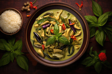 An appetizing platter of Green Curry, featuring tender chicken, ai generated.