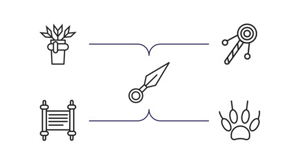 asian outline icons set. thin line icons such as quiver, bolang gu, kunai, scrolls, claw vector.