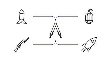 army and war outline icons set. thin line icons such as depth charge, whizbang with rong, shoulder strap, bayonet on rifle, launcher vector.