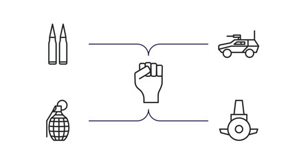army and war outline icons set. thin line icons such as two bullets, armored vehicle, rebellion, granade, submarine front view vector.