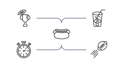 american football outline icons set. thin line icons such as american football cup, soda drink, hot dog, stopwatch, ball on flight vector.