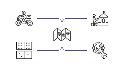 activity and hobbies outline icons set. thin line icons such as motorcycle, sand art, travelling, dominoes, repairing vector.