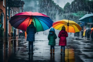 A family walking in the rain under umbrella generated by AI tool